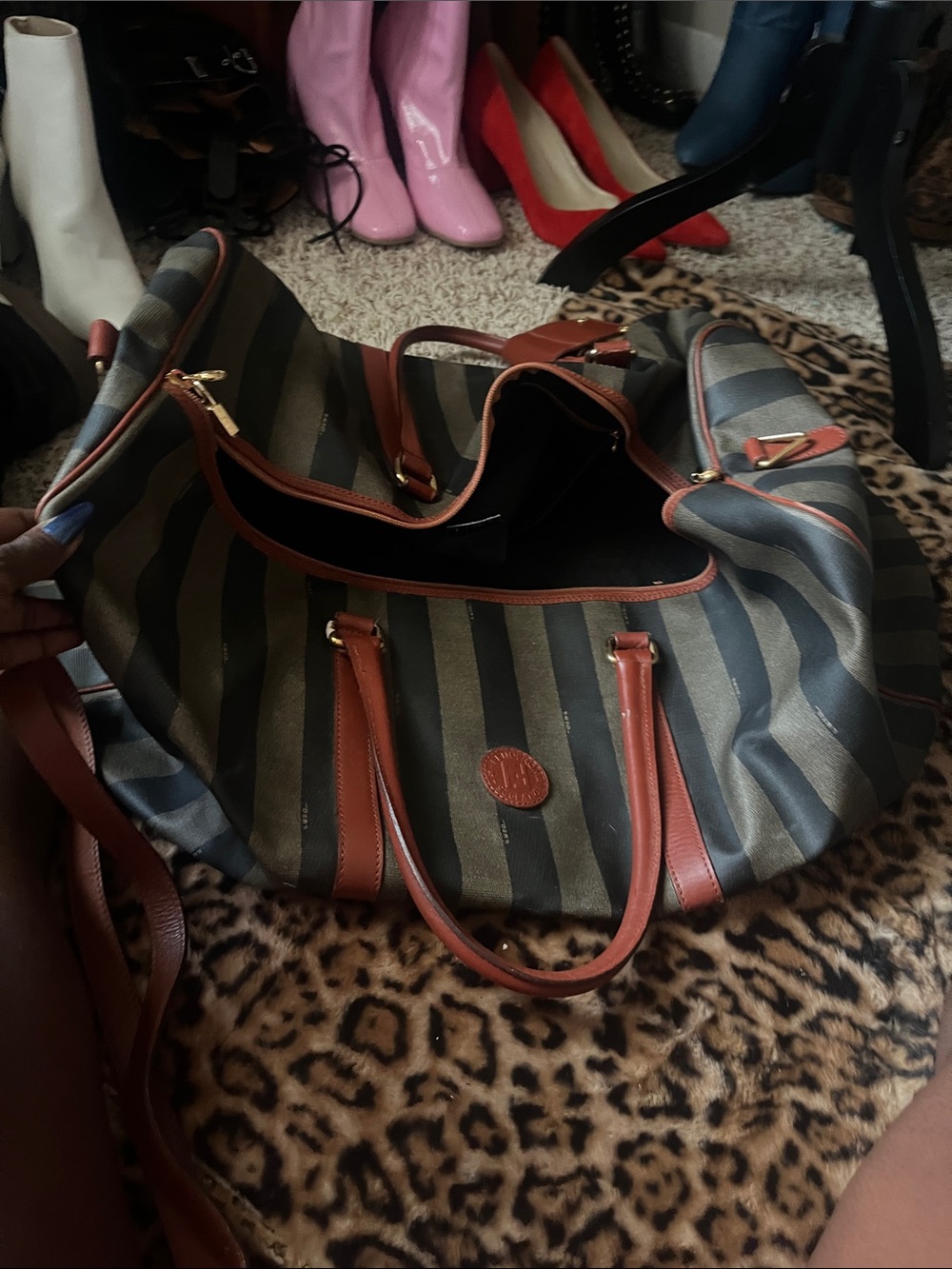 Fendi Olive and Black Striped Hobo with Brown Leather Trim